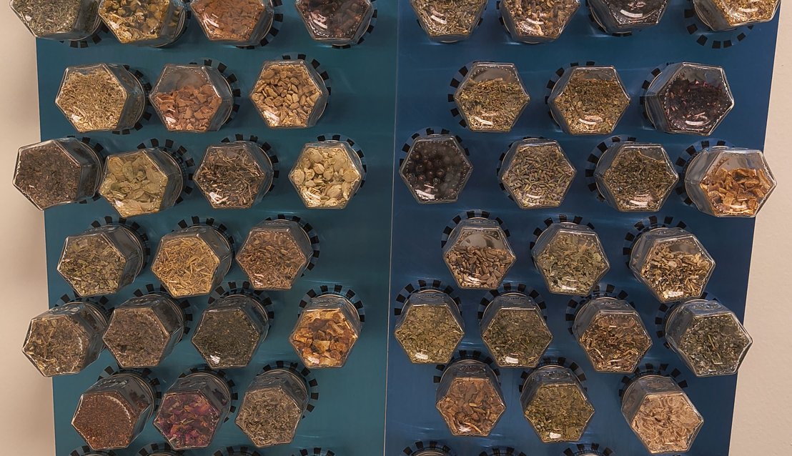 A collection of herbs in hexagon jars hanging from a blue wall